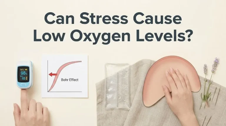 A pulse oximeter showing 98% and an oxyhemoglobin curve diagram, illustrating the article can stress cause low oxygen levels with the Bohr effect.