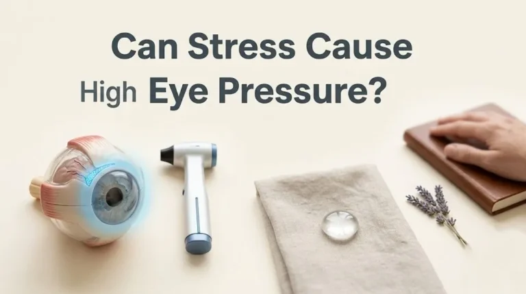 A tonometer and an eye model with a interior on a cream background, illustrating the article can stress cause high eye pressure.
