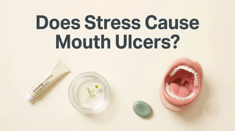 A tube of oral paste, a salt water rinse, and a mouth model on a background, illustrating the article does stress cause mouth ulcers.
