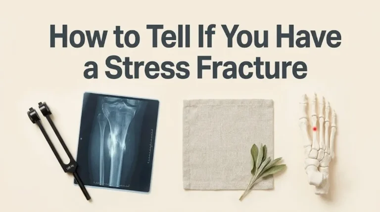 A tuning fork, an MRI scan, and a foot skeleton model on a cream background, illustrating the article how to tell if you have a stress fracture.