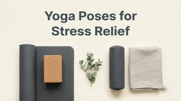 A yoga mat with a cork block and a bolster on a cream background, illustrating the article yoga poses for stress relief with a home-practice setup.