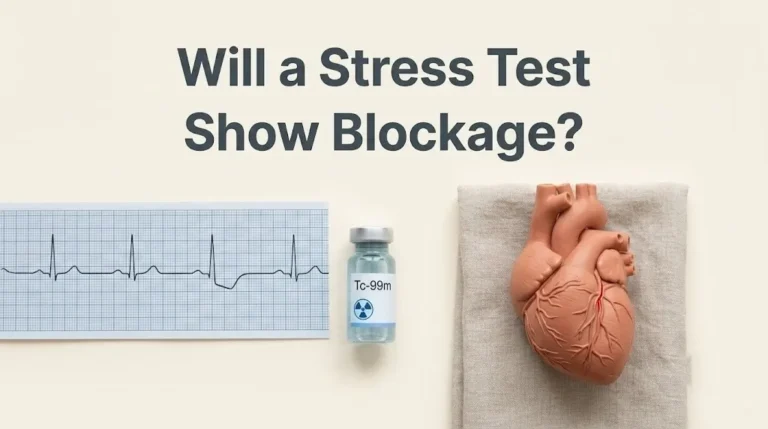 An EKG strip showing ST depression and a heart model on a cream background, illustrating the article will a stress test show blockage.