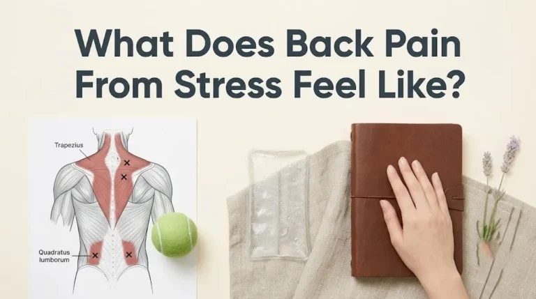 An anatomical back muscle chart with red-highlighted trigger points and tennis ball, illustrating the article what does back pain from stress feel like.
