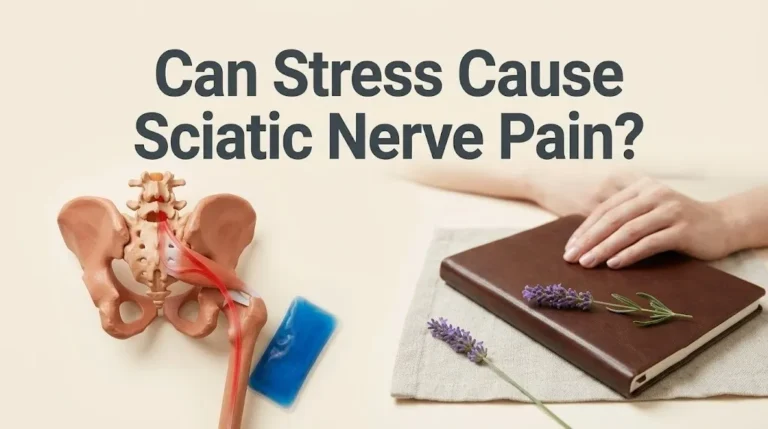 An anatomical pelvis model with a red nerve line and an ice pack on a cream background, illustrating the article can stress cause sciatic nerve pain.