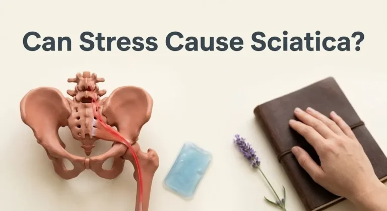An anatomical pelvis model with a red nerve line and an ice pack on a cream background, illustrating the article can stress cause sciatica.