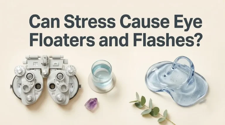 An eye exam phoropter and a glass sculpture dark specks on cream background, illustrating article can stress cause eye floaters and flashes.