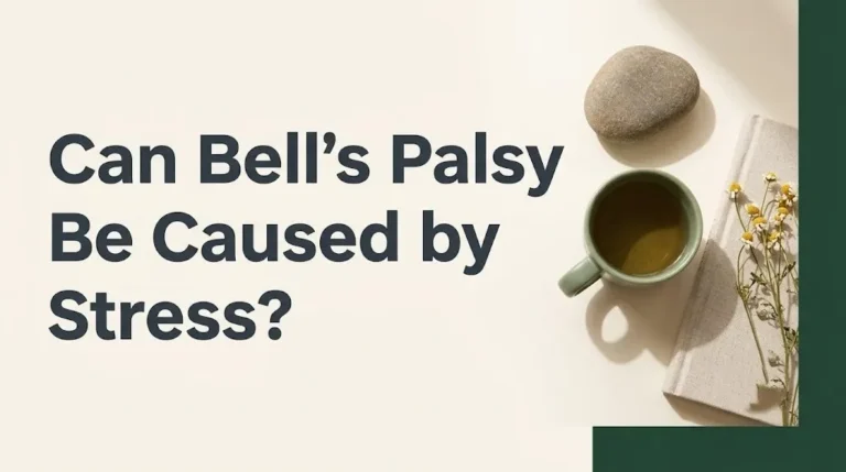 Can Bell's palsy be caused by stress article hero banner with headline text and calming neurological with journal and herbal tea.