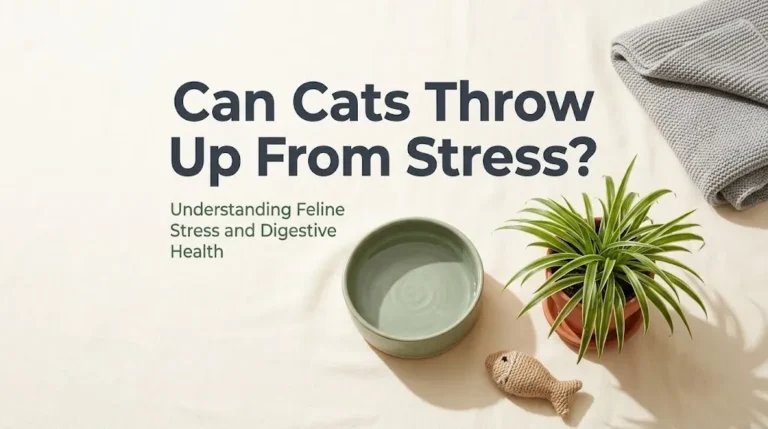 Can cats throw up from stress hero image with cat water bowl, spider plant, toy, and soft blanket on cream linen with slate typography.