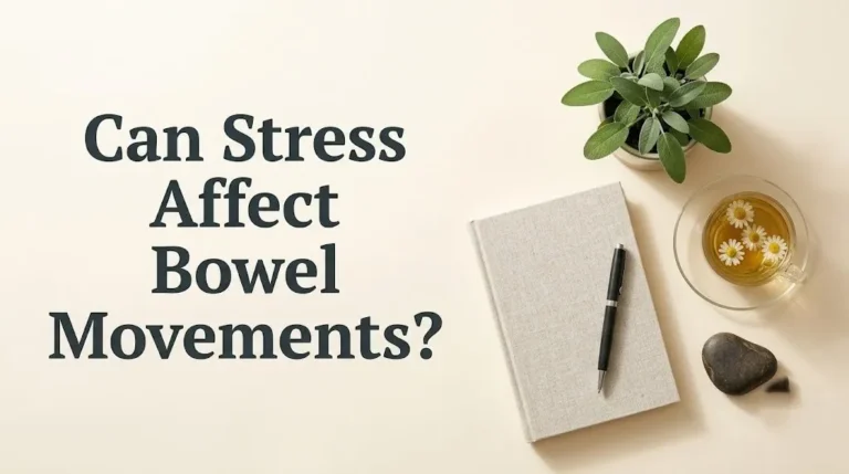 Can stress affect bowel movements article hero banner with headline text and calming digestive wellness and herbal tea.