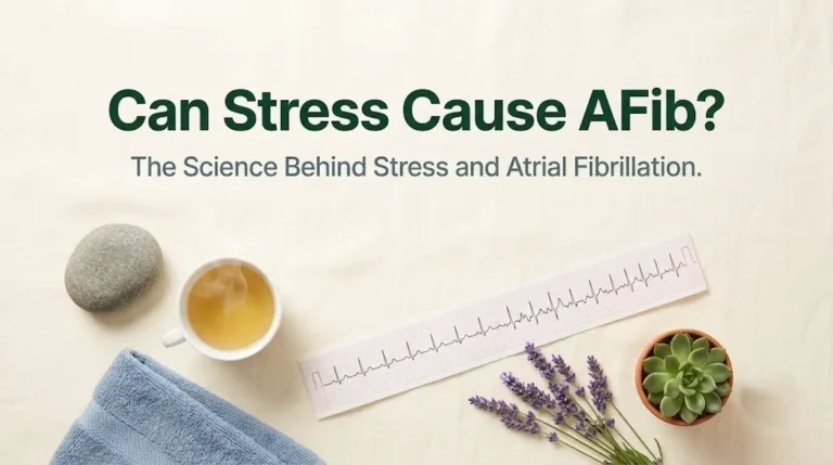 Can stress cause AFib hero image with chamomile tea, lavender, heart rhythm strip and river stone on cream linen with forest green typography.