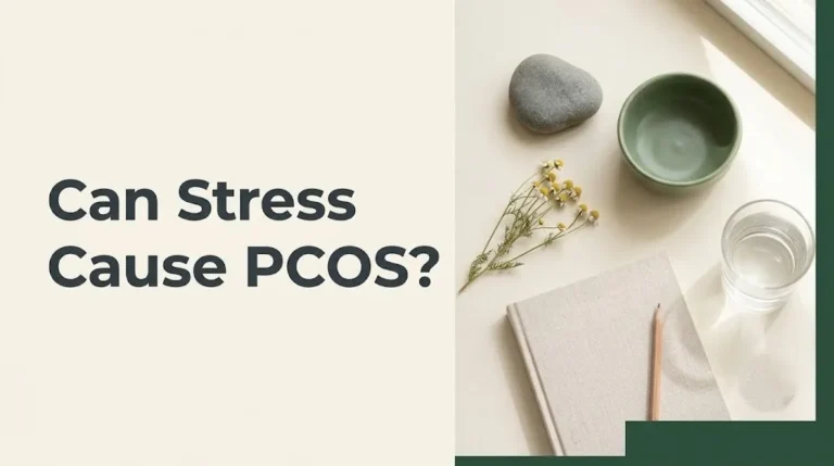 Can stress cause PCOS article hero banner with headline text and calming hormonal wellness with journal and chamomile.