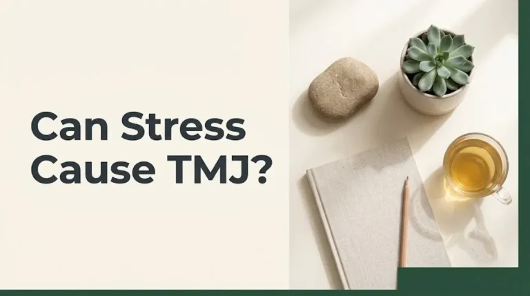 Can stress cause TMJ article hero banner with headline text and calming wellness photography flat-lay composition.