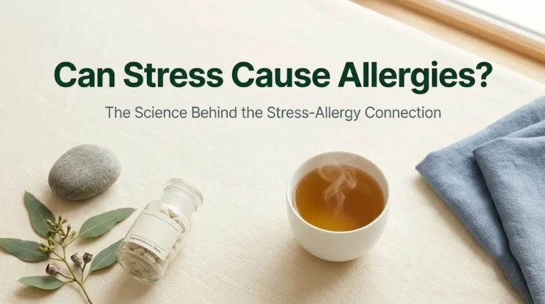 Can stress cause allergies hero image with antihistamine bottle, eucalyptus and linen on cream surface with forest green typography.
