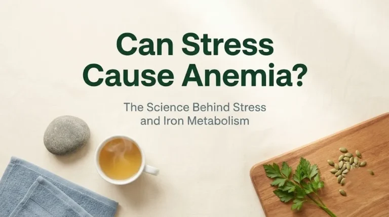 Can stress cause anemia hero image with chamomile tea, parsley, and river stone on cream linen with forest green typography.