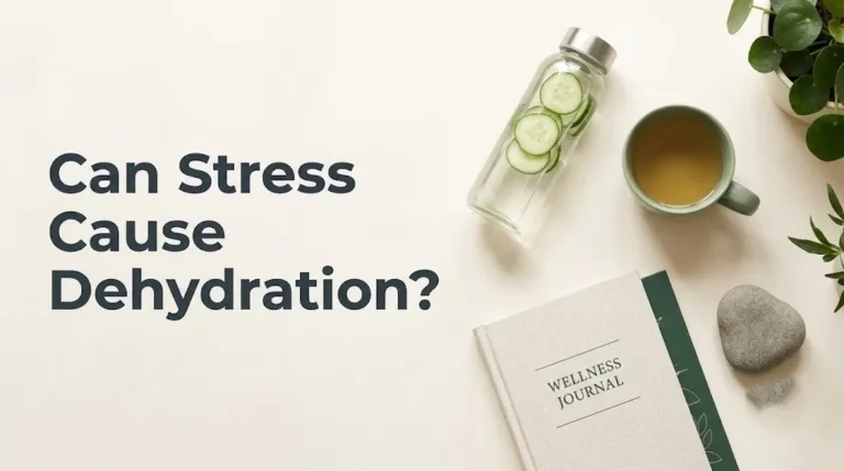 Can stress cause dehydration article hero banner with headline text and calming hydration wellness.