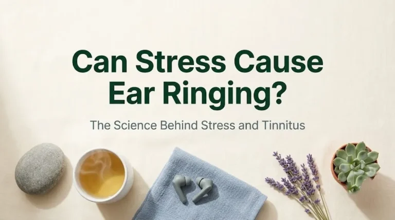 Can stress cause ear ringing hero image with chamomile tea, earbuds, lavender, and river stone on cream linen with forest green typography.