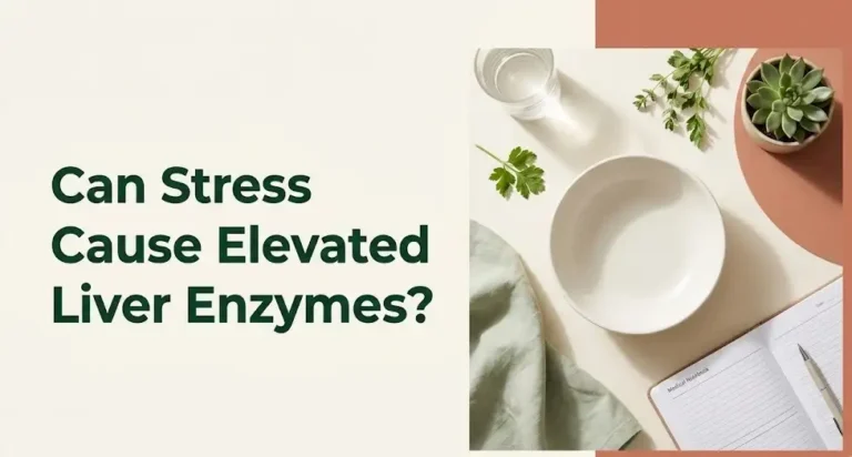 Can stress cause elevated liver enzymes — wellness flat-lay with herbs, notebook, and water on cream background.