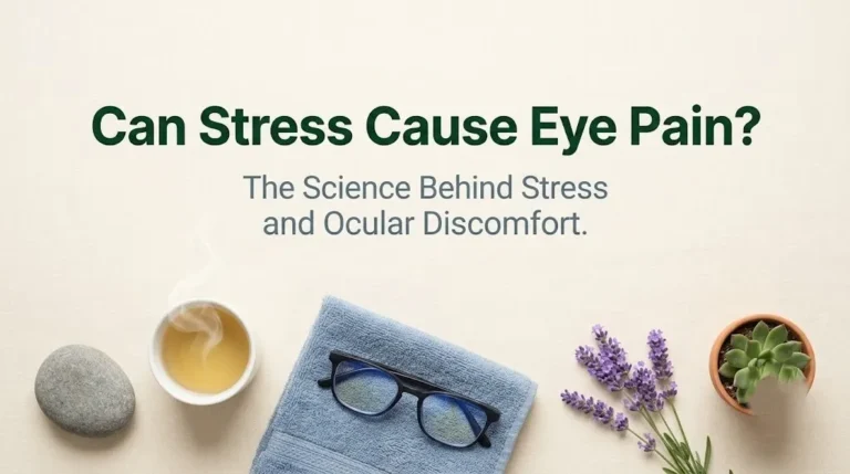 Can stress cause eye pain hero image with chamomile tea, glasses, lavender, and river stone on cream linen with forest green typography.