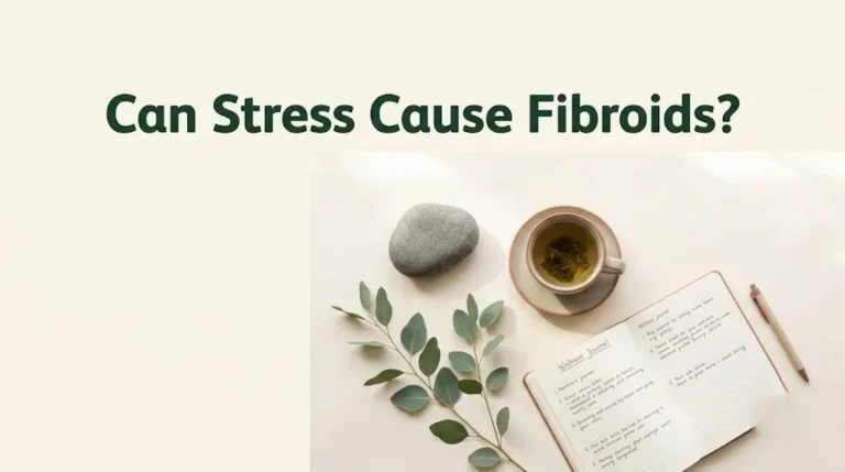Can stress cause fibroids headline over a calm flat lay with herbal tea, eucalyptus, smooth stone, and wellness journal.