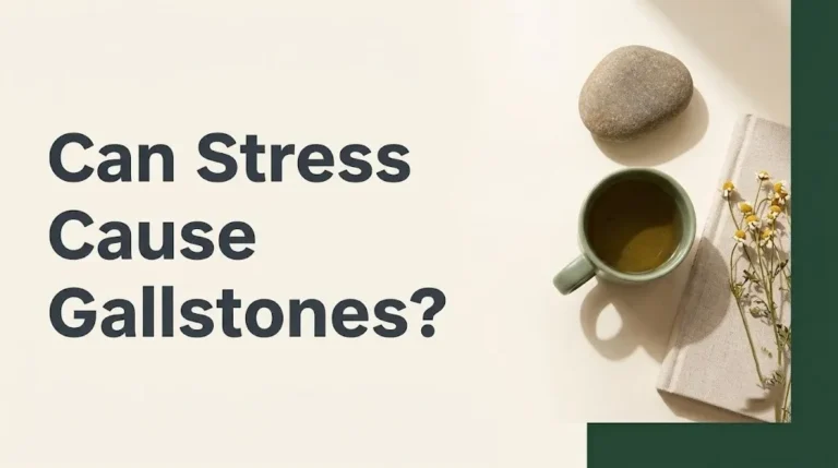 Can stress cause gallstones article hero banner with headline text and calming digestive with journal and herbal tea.