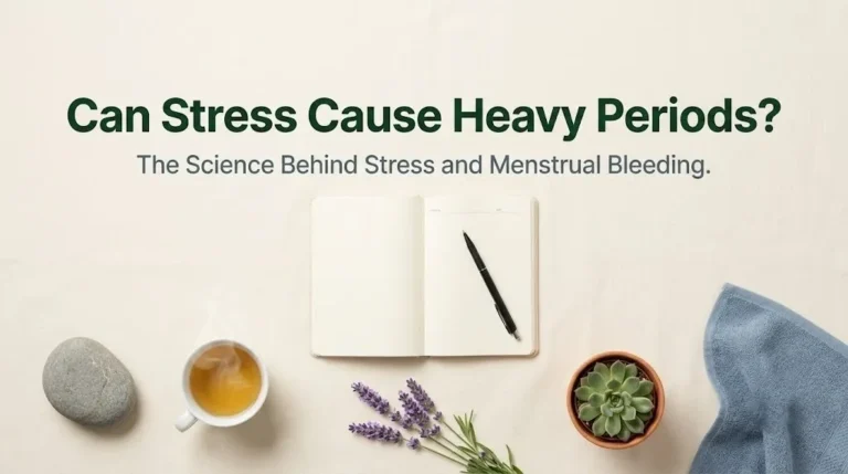 Can stress cause heavy periods hero image with chamomile tea, lavender, and river stone on cream linen with forest green typography.