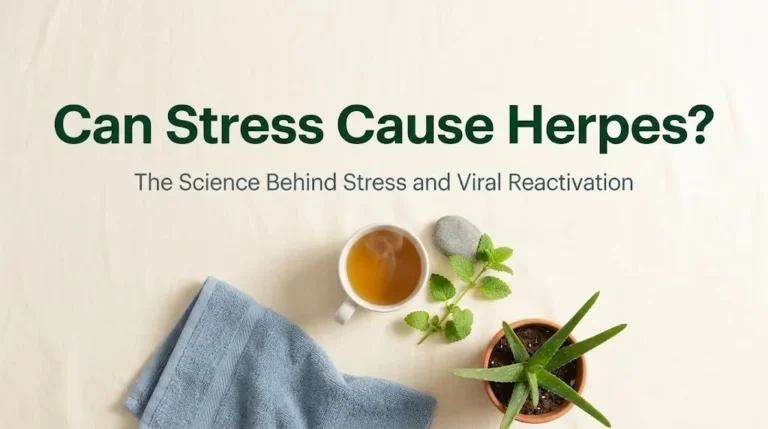 Can stress cause herpes hero image with chamomile tea, lemon balm and river stone on cream linen with forest green typography.