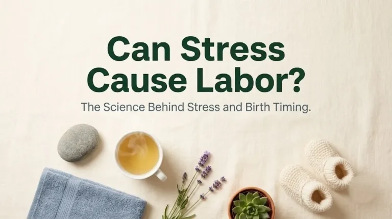Can stress cause labor hero image with chamomile tea, lavender, baby booties, and river stone on cream linen with forest green typography.