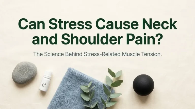 Can stress cause neck and shoulder pain hero image with massage ball, essential oil, eucalyptus, and towel on cream linen with forest green typography.