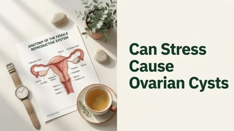 Can stress cause ovarian cysts article hero banner with reproductive anatomy diagram and stone in editorial medical photography style.
