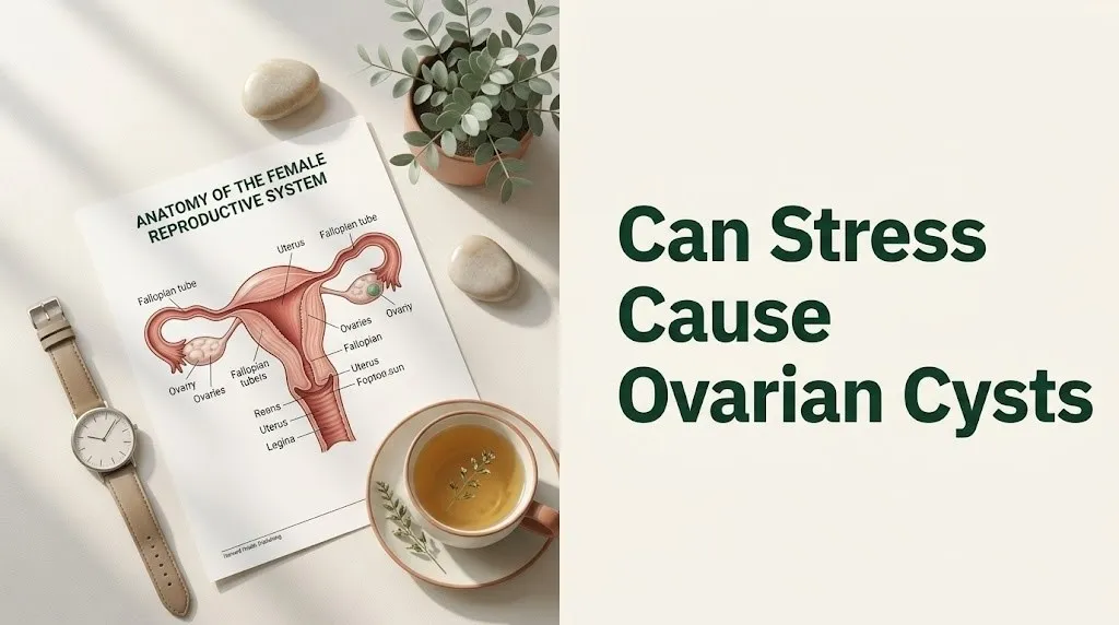 Can stress cause ovarian cysts article hero banner with reproductive anatomy diagram and stone in editorial medical photography style.