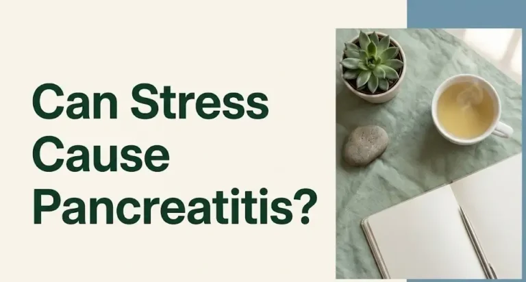 Can stress cause pancreatitis calm wellness flat-lay with herbal tea, journal, and plant on cream background.