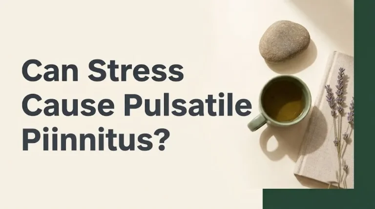 Can stress cause pulsatile tinnitus article hero banner with headline text and calming auditory with journal and herbal tea.