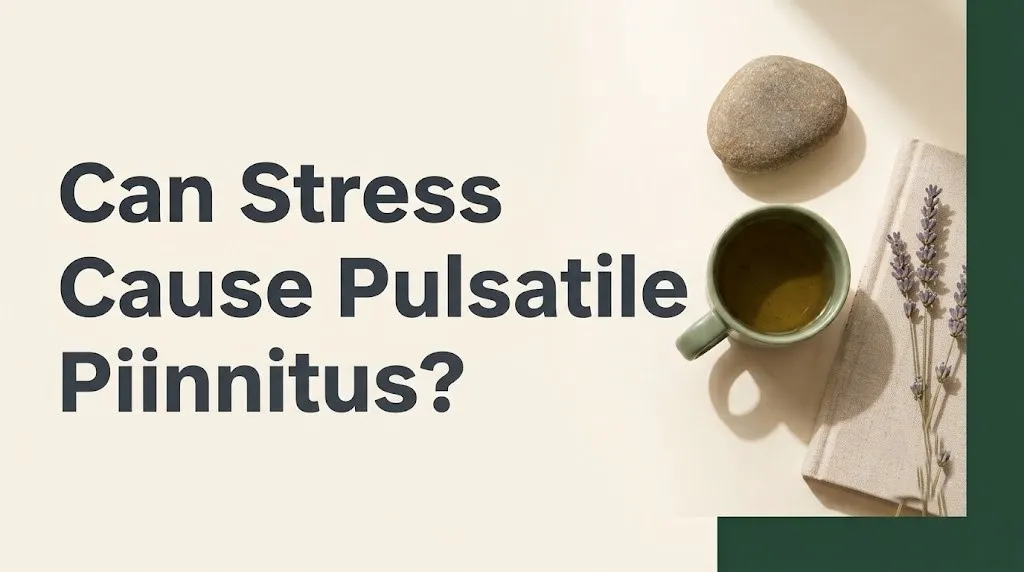 Can stress cause pulsatile tinnitus article hero banner with headline text and calming auditory with journal and herbal tea.