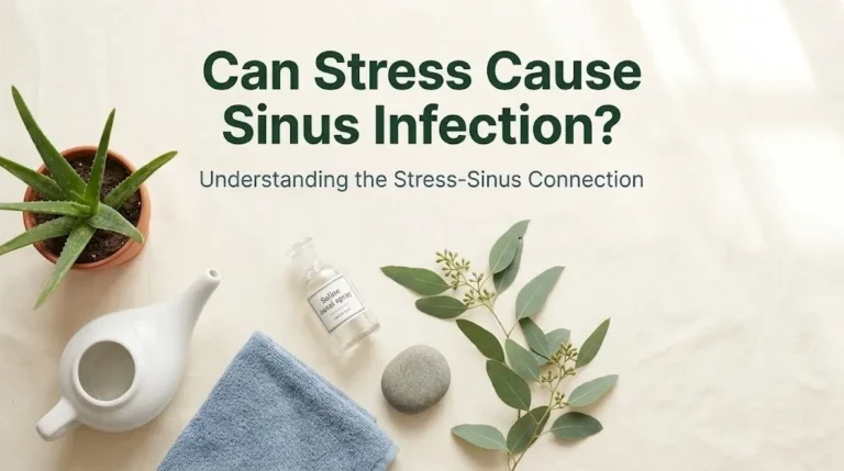Can stress cause sinus infection hero image with saline spray, neti pot, and soft towel on cream linen with forest green typography.