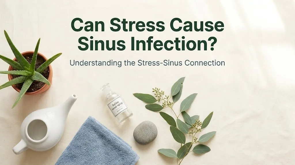 Can stress cause sinus infection hero image with saline spray, neti pot, and soft towel on cream linen with forest green typography.