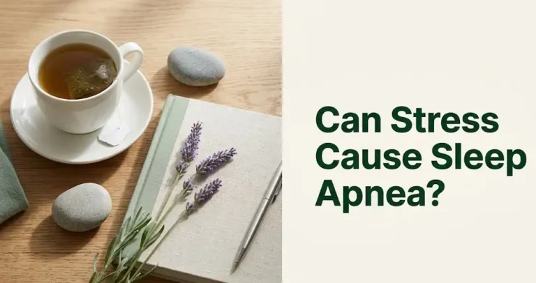 Can stress cause sleep apnea Calm wellness flat lay with herbal tea and journal on wood surface health