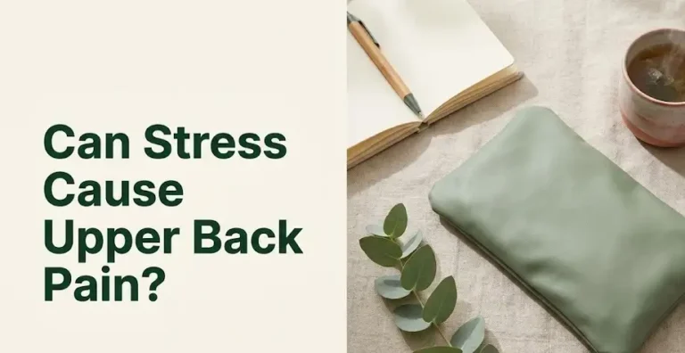 Can stress cause upper back pain illustration with calming wellness flat-lay and stress relief journal on linen surface