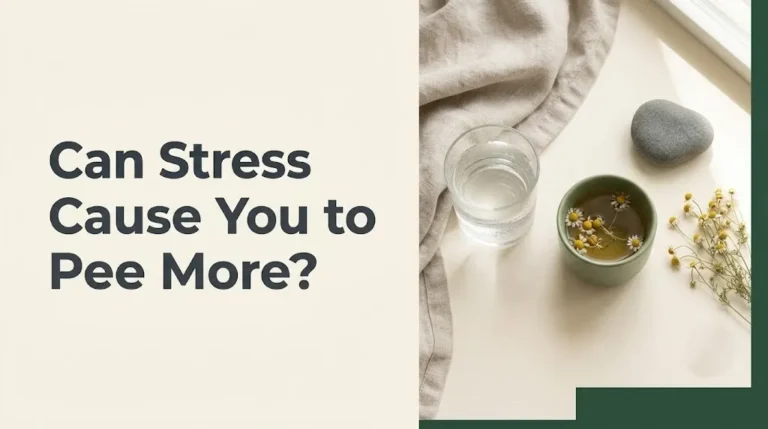 Can stress cause you to pee more article hero banner with headline text and calming bladder with water glass and herbal tea.