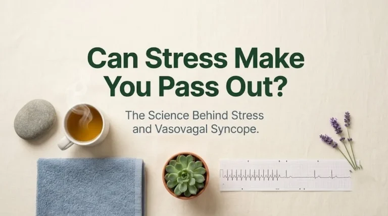 Can stress make you pass out hero image with chamomile tea, lavender, and river stone on cream linen with forest green typography.