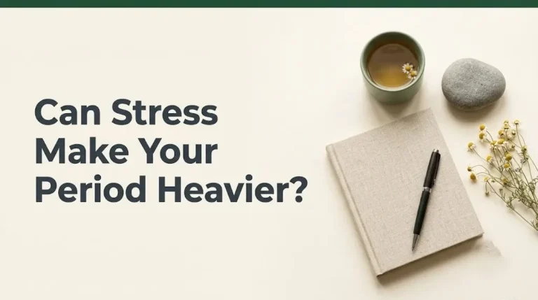 Can stress make your period heavier article hero banner with headline text and calming menstrual with journal and herbal tea.