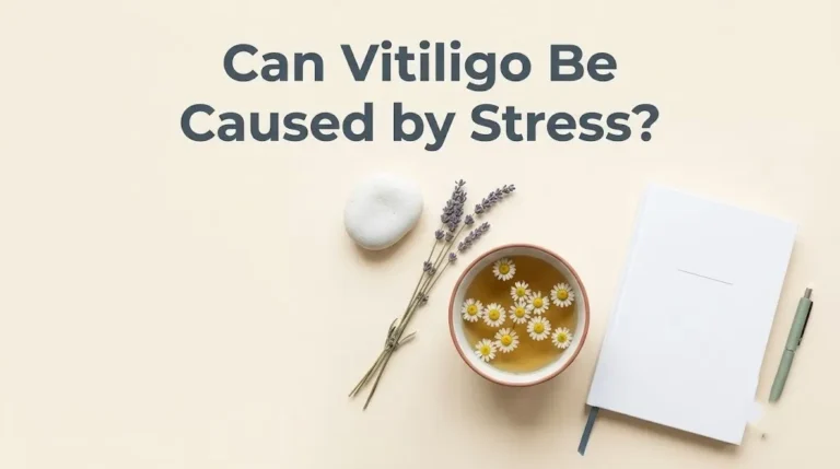 Can vitiligo be caused by stress headline over a calm flat lay with lavender, chamomile tea and wellness journal.
