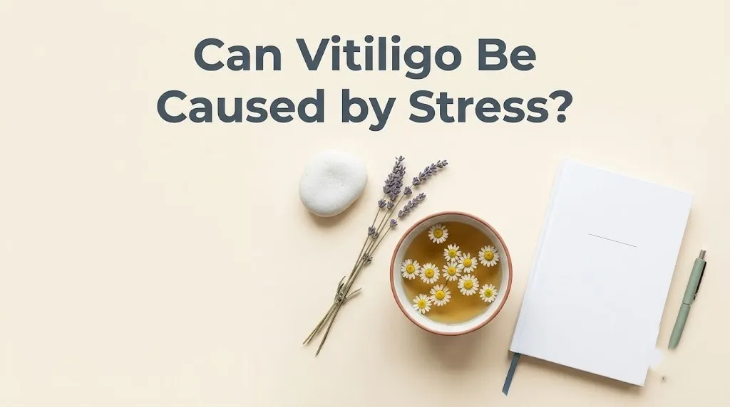 Can vitiligo be caused by stress headline over a calm flat lay with lavender, chamomile tea and wellness journal.