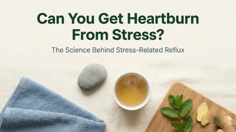 Can you get heartburn from stress hero image with chamomile tea, ginger, mint, and river stone on cream linen with forest green typography.