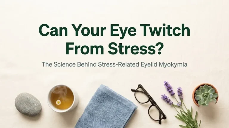 Can your eye twitch from stress hero image with chamomile tea, glasses, and river stone on cream linen with forest green typography.