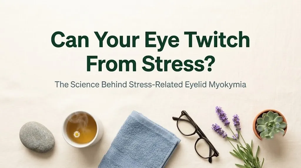 Can your eye twitch from stress hero image with chamomile tea, glasses, and river stone on cream linen with forest green typography.