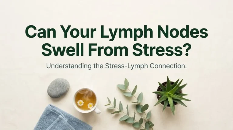 Can your lymph nodes swell from stress hero image with chamomile tea, and river stone on cream linen with forest green typography.