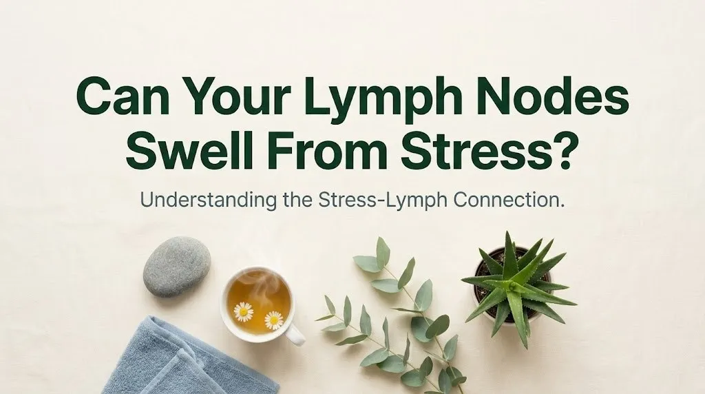 Can your lymph nodes swell from stress hero image with chamomile tea, and river stone on cream linen with forest green typography.