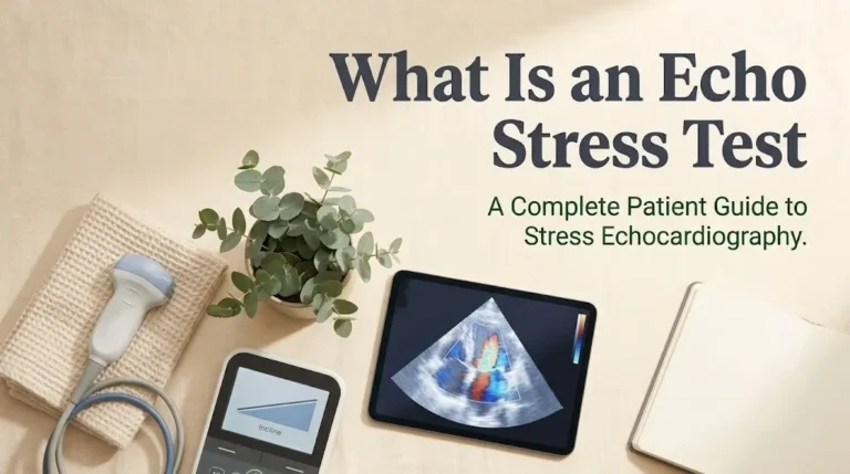 Clinical-educational composition with ultrasound transducer and treadmill displaying What Is an Echo Stress Test.