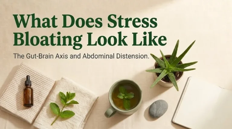 Digestive wellness items with What Does Stress Bloating Look Like headline, banner for stress bloating explainer article.
