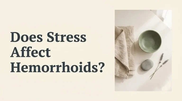Does stress affect hemorrhoids article banner with headline text and calming wellness with linen towel and lavender.
